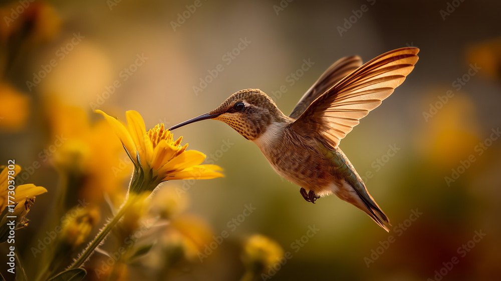 Fototapeta premium A hummingbird hovering near a yellow flower, with motion blur, golden hour lighting. Ai generated