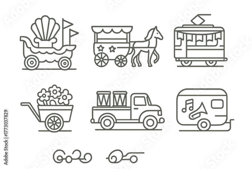 Vintage Parade Vehicles. Line style icons of Parade Vehicles of the Past: vintage parade float, decorated wagon, flag-hung tram,