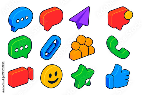 Bright Communication Icons. Isometric vector illustration set Communication Symbols for Apps: chat bubble icon, comment icon,