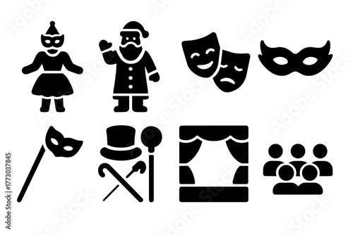 Traditional Masquerade Icons. Solid style icons of Traditional Masquerade: Costume, Mumming, Play, Disguise, Mask, Props, Stage,