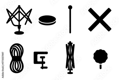 Yarn Swift Components. Solid style icons of yarn swift components: Umbrella Frame, Rotating Base, Center Pole, Wooden Arms, Open