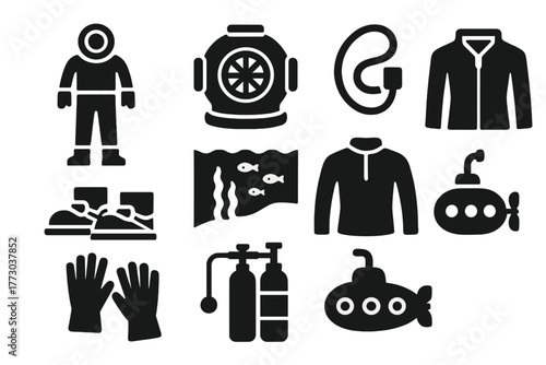 Retro Diving Icons. Solid style icons of Retro Underwater Exploration: Vintage Diving Suit, Helmet, Air Hose, Weighted Boots, Deep