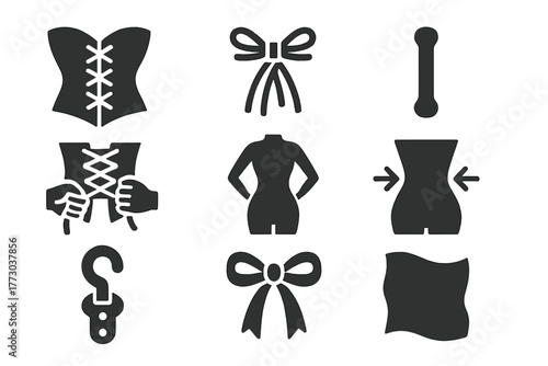 Classic Corsetry Icons. Solid style icons of Classic Corsetry: Corset, Laces, Bone, Tightening, Silhouette, Waist, Hook, Ribbon,