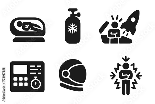 Interstellar Hibernation Icons. Solid style icons of Interstellar Hibernation: Pod, Cryo-Gas, Future Awakening, Space Travel,