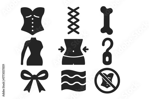 Vintage Waistwear Icons. Solid style icons of Vintage Waistwear: Corset, Laces, Bone, Tightening, Silhouette, Waist, Hook, Ribbon,
