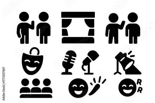 Comedy Improv Icons. Solid style icons of Creative Comedy Scene: "Yes, And...", Stage, Partner, Spontaneity, Microphone, Spotlight