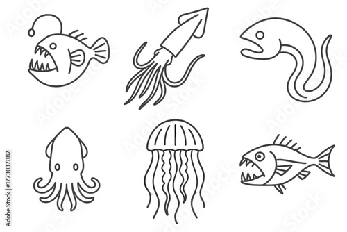 Deep-Sea Creature Icons. Line style icons of Deep-Sea Creatures Icons: anglerfish, giant squid, gulper eel, dumbo octopus,