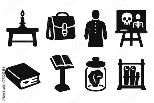 Historical Medical Icons. Solid style icons of historical medical context: Candlelit Table, Leather Satchel, Anatomist Gown,