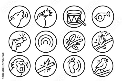 Animal and Signal Icons. Line style icons of sounds and signals in round shape: animal call, bird screech, jungle drum, signal