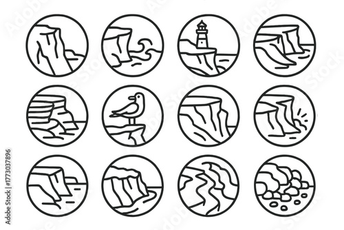 Cliffside Icons Collection. Line style icons of rocky cliffs in round shape: jagged cliff, sea crashing rocks, lighthouse on cliff