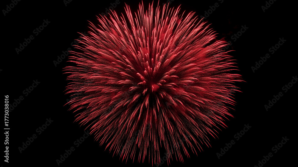 Obraz premium A red fireworks explosion in the center of black sky, high resolution photography, professional color grading, soft shadows, no contrast. Ai generated