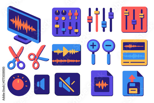 Audio Editing Tools. Isometric vector illustration set Audio Editing Equipment: waveform on screen, audio mixer, fader controls,