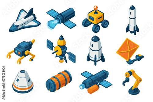 Cosmic Exploration Vehicles. Isometric vector illustration set Cosmic Exploration Vehicles: spaceplane, ion drive spacecraft,