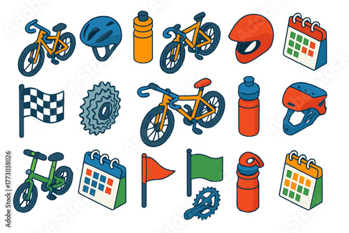 Cycling Essentials Icons. Isometric vector illustration set cycling essentials: road bike, racing helmet, water bottle, training