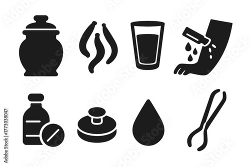 Antique Healing Tools. Solid style icons of Antique Healing Tools: Leech Jar, Leeches, Glass, Bloodletting, Medicine, Lid, Droplet