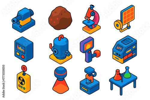 Space Research Icons. Isometric vector illustration set Space Research Equipment Icons: spectrometer, rock sample, microscope,