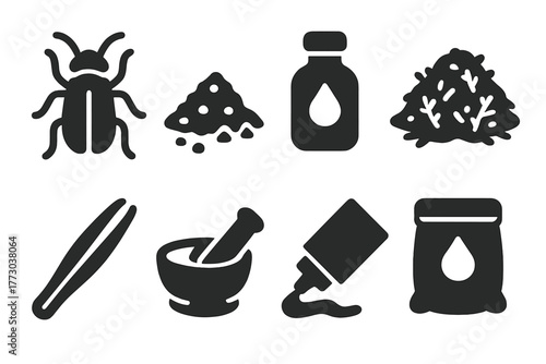 Insect Remedies Icons. Solid style icons of blistering insects and remedies: Spanish Fly Beetle, Crushed Insect Powder, Infusion