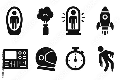 Cryosleep Journey Icons. Solid style icons of Space Travel Cryosleep: Pod, Cryo-Gas, Future Awakening, Space Travel, Control Panel