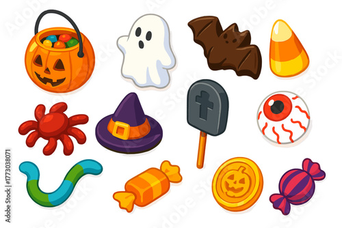 Halloween Candy Icons. Isometric vector illustration set Halloween Candy Set: pumpkin candy bucket, ghost-shaped marshmallow, bat