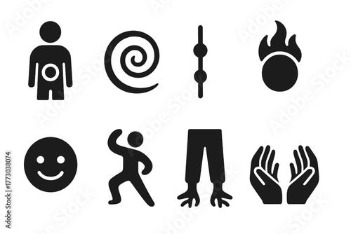 Qigong Icon Set. Solid style icons of Qigong energy work: Dan Tian, Qi Spiral, Meridian Line, Energy Ball, Inner Smile, Flowing