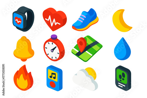 Athlete Tracker Icons. Isometric vector illustration set Athlete Tracker Icons: smartwatch, heartbeat, sneaker, moon icon,