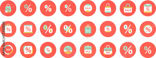 24 circular icons on red background with shopping bags, percentage signs, and sale text
