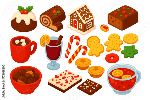 Festive Food Icons. Isometric vector illustration set Festive Food and Drink: Christmas pudding, Yule log cake, gingerbread house,