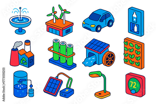 Sustainable Tech Icons. Isometric vector illustration set technology and sustainability: solar water fountain, urban rooftop wind
