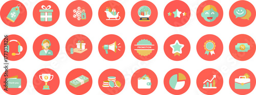 24 vibrant flat icons in red circular badges with light blue, white, green, and yellow elements