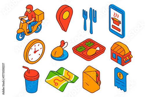 Hot Meal Delivery Icons. Isometric vector illustration set Hot Meal Delivery Icons: rider with box, food parcel, GPS pin, mobile