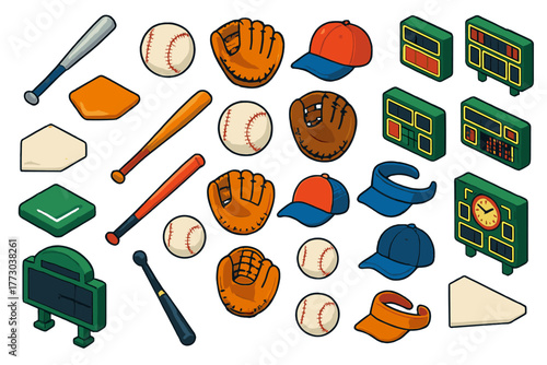 Baseball Elements Icons. Isometric vector illustration set baseball elements: aluminum pro bat, game day baseball, classic fielder