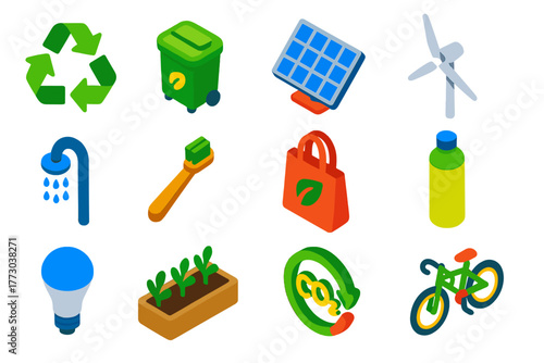 Sustainable Living Icons. Isometric vector illustration set Sustainable Living Icons: recycling arrows, compost bin, solar panel,