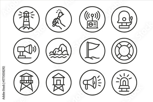 Maritime Safety Icons. Line style icons of maritime safety in round shape: guiding light, signal flare, radio beacon, emergency