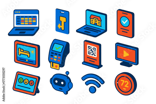 Hospitality Tech Icons. Isometric vector illustration set Hospitality Technology Icons: booking software interface, digital
