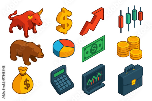 Finance Strategy Icons. Isometric vector illustration set Finance Strategy Icons: bull, bear, dollar sign, upward arrow,