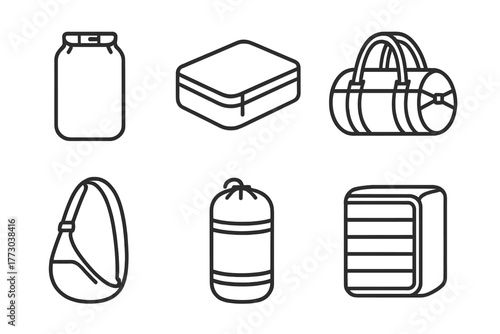 Clothing Transport Icons. Line style icons of Clothing Storage and Transport: dry bag, packing cube, snowproof duffel, compression