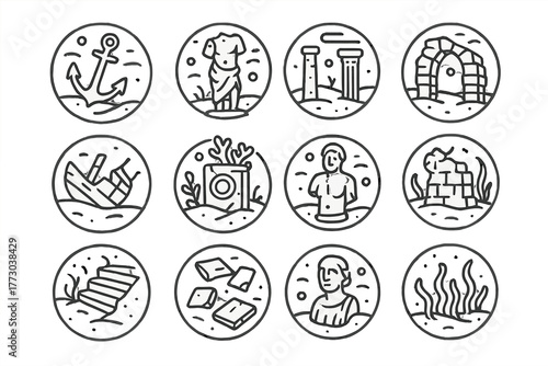Sunken Ruins Icons. Line style icons of sunken ruins in round shape: ancient anchor, broken statue, submerged archway, stone