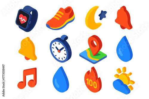 Vibrant Activity Icons. Isometric vector illustration set Activity Tracking Icons: smartwatch, heart rate, sneaker, night mode,