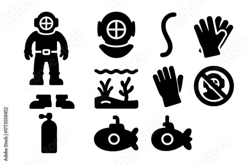 Antique Diving Gear Icons. Solid style icons of Antique Deep Sea Outfit: Diving Suit, Helmet, Air Hose, Weighted Boots, Deep Sea,