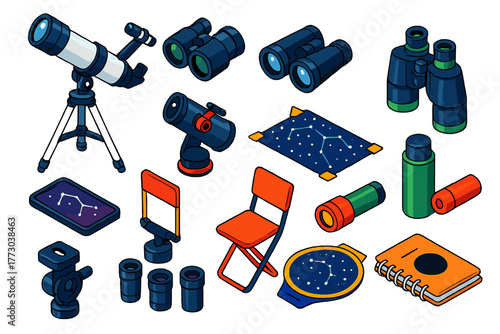 Stargazing Gear Icons. Isometric vector illustration set Stargazing Essentials: refractor telescope, reflector telescope,
