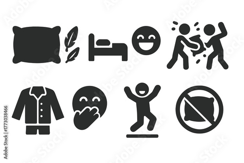 Sleepover Fun Icons. Solid style icons of Sleepover Games: Pillow, Feathers, Bed, Laughter, Soft Combat, Pajamas, Giggle, Jump, No