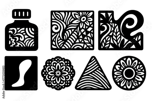 Monochrome Zentangle Icons. Solid style icons of monochrome zentangle art: Black Ink Bottle, White Canvas, High Contrast Tile,