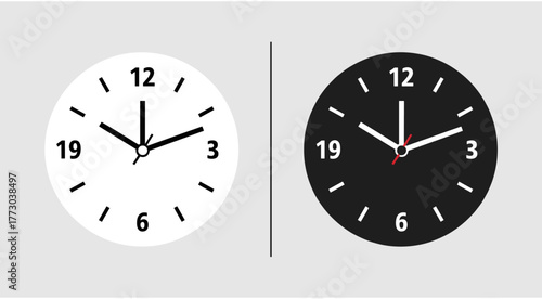Dual analog clocks illustration, black and white faces showing same time with unusual number placement, minimalist vector design on gray background