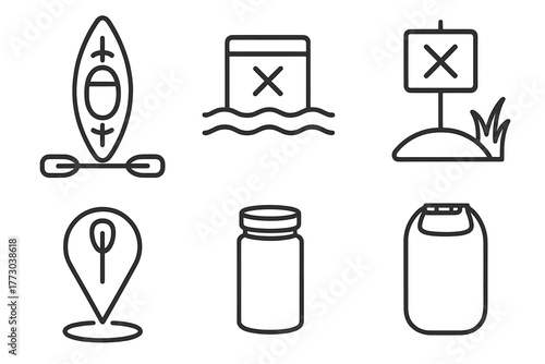 Water-Based Geocaching Icons. Line style icons of Water-Based Geocaching: kayak icon, floating cache, riverbank clue, paddle