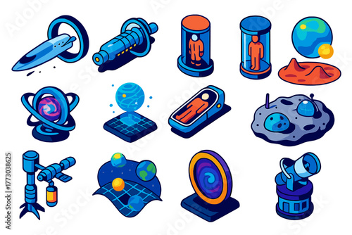 Interstellar Travel Icons. Isometric vector illustration set Interstellar Travel Concepts: warp drive ship, generation ship,