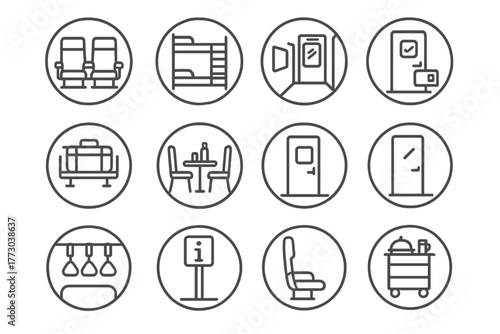 Train Interior Icons. Line style icons of train interiors in round shape: passenger seats, sleeper berth, train corridor, luggage
