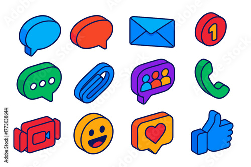 Bright Communication Icons. Isometric vector illustration set Communication Symbols for Apps: chat bubble icon, comment icon,