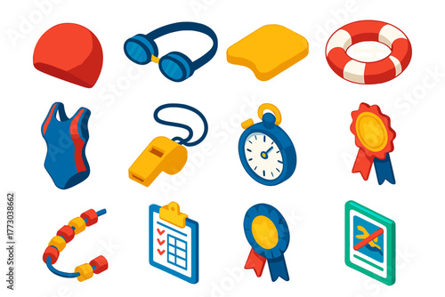 School Swimming Class Essentials. Isometric vector illustration set School Swimming Class: swim cap, goggles, kickboard, floating