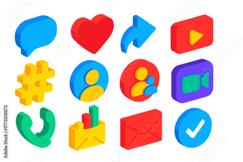 Vibrant Social Media Icons. Isometric vector illustration set Social Media Communication: comment icon, like icon, share icon,