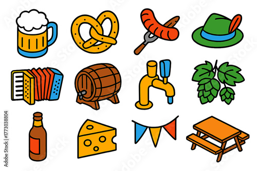 Bavarian Festive Icons. Isometric vector illustration set Bavarian Festivity Linear Icons: beer stein, pretzel, grilled sausage,